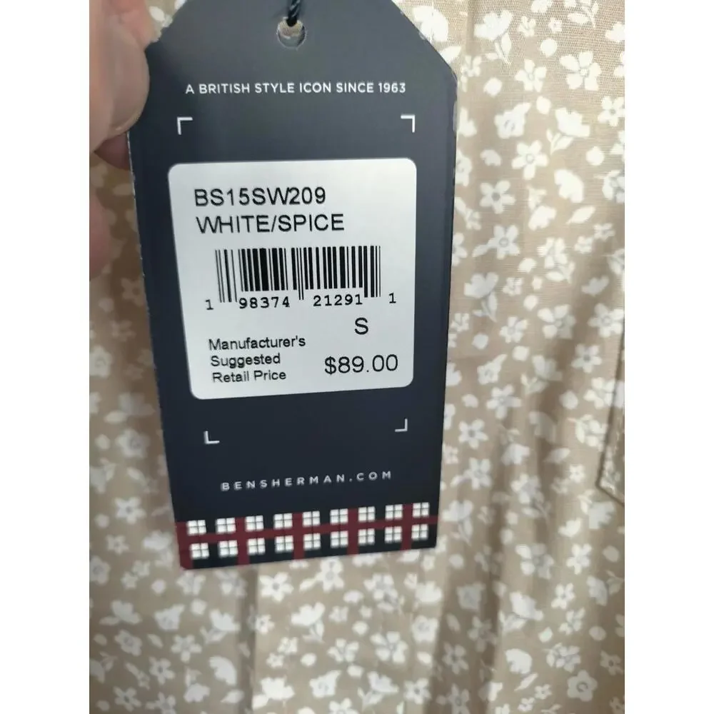NWT Ben Sherman Men’s Small Short‎ Sleeve Floral Shirt White/Spice Stretch Slim